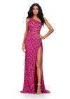 Fuchsia ASHLEYlauren 11288 stunning one shoulder fully hand-beaded gown featuring modern cut outs, criss cross waist straps, a left leg slit, and a sweep train for a bold and statement-making entrance.