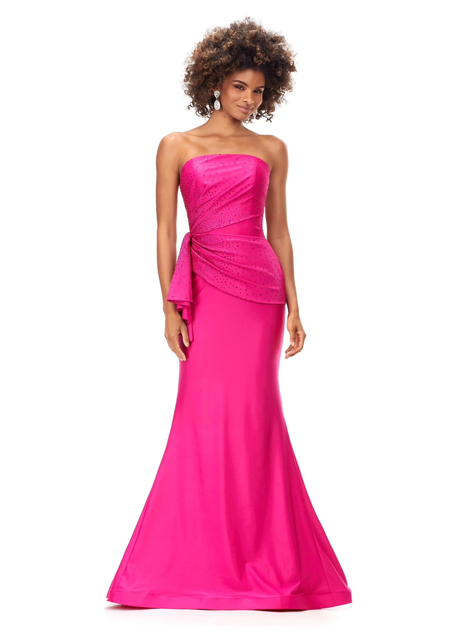 Fuchsia ASHLEYlauren 11295 strapless jersey gown featuring a wrap bustier adorned with press-on stones, a knot detail at the waist, and a sweep train for a sleek and elegant silhouette.