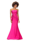 Fuchsia ASHLEYlauren 11295 strapless jersey gown featuring a wrap bustier adorned with press-on stones, a knot detail at the waist, and a sweep train for a sleek and elegant silhouette.