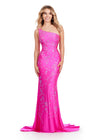 Fuchsia ASHLEYlauren 11525 One Shoulder Fitted Jersey Gown with Delicate Multi-Coloured Floral Heat Set Stones Cascading Down Skirt and Sweep Train