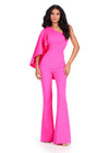 Fuchsia ASHLEYlauren 11543 Scuba Jumpsuit with One Shoulder Design, Cascading Ruffle Cape Sleeve, and Dramatic Style
