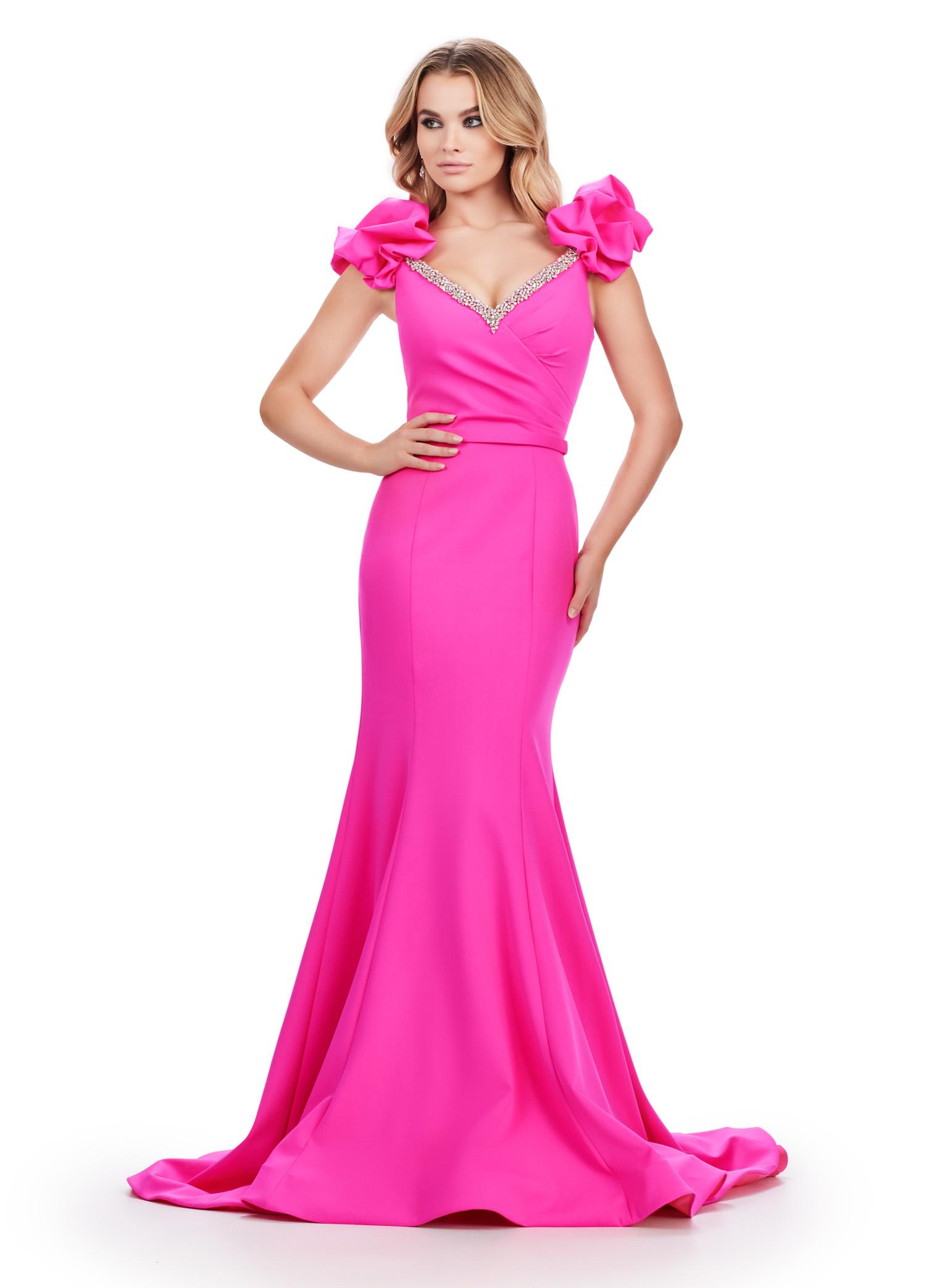 Fuchsia ASHLEYlauren 11615 Scuba Gown with Beaded Trim Sweetheart Neckline, Puff Sleeves, V-Back, and Ruched Waist Detail