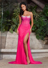 Fuchsia ASHLEYlauren 11616 Spaghetti Strap Gown with Beaded Corset Bustier, Press On Stone Embellishments, and Left Leg Slit