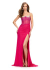 Fuchsia ASHLEYlauren 11616 Spaghetti Strap Gown with Beaded Corset Bustier, Press On Stone Embellishments, and Left Leg Slit