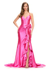 Fuchsia ASHLEYlauren 11638 Edgy Shimmer Jersey Gown with Spaghetti Straps, Structured Corset Bustier, Statement Bow and Ruffle Accent, and Lace Up Back
