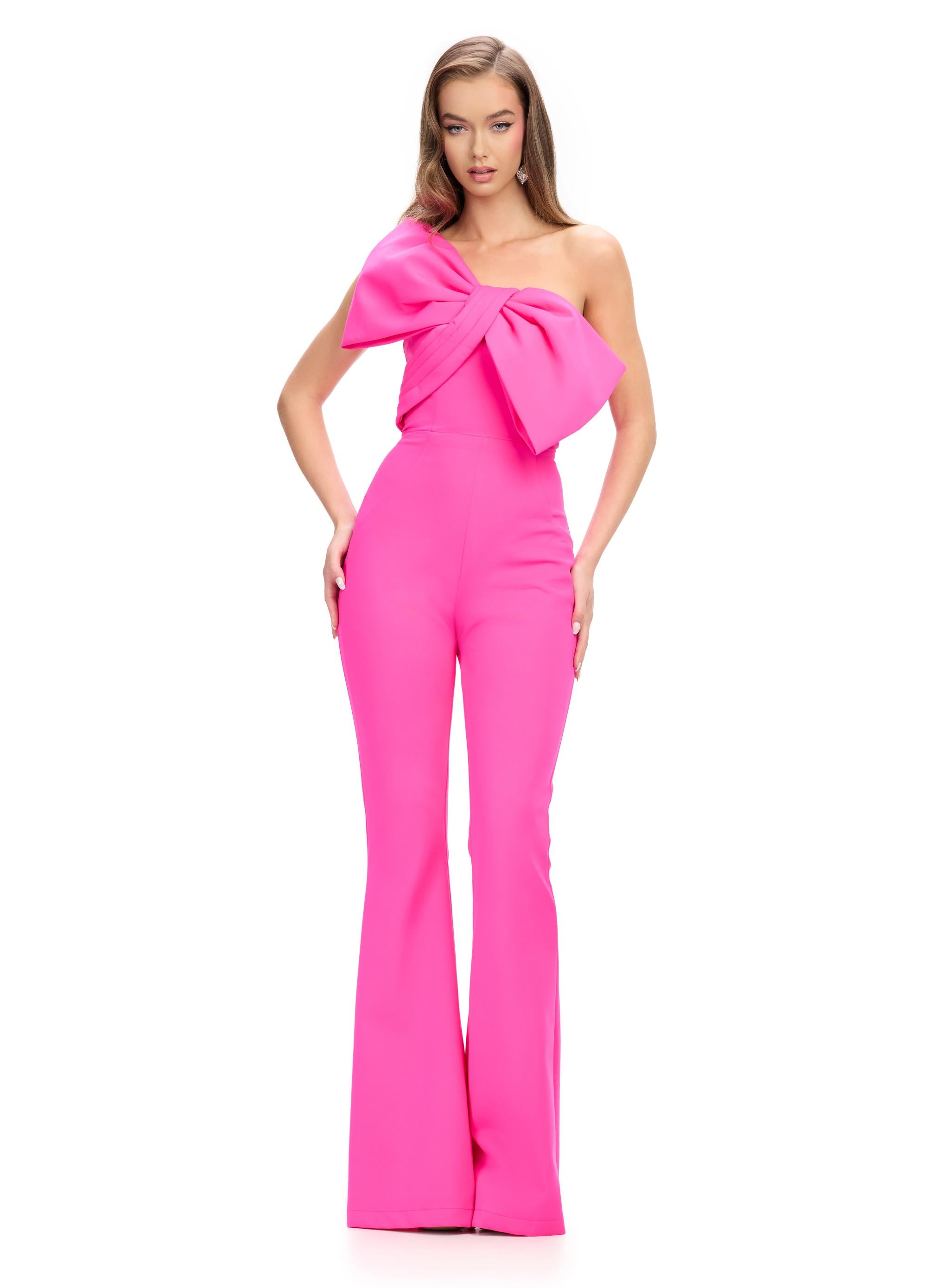 Fuchsia ASHLEYlauren 11703 Fun and Flirty One Shoulder Scuba Jumpsuit with Statement Oversized Bow Detail