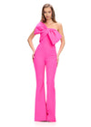 Fuchsia ASHLEYlauren 11703 Fun and Flirty One Shoulder Scuba Jumpsuit with Statement Oversized Bow Detail