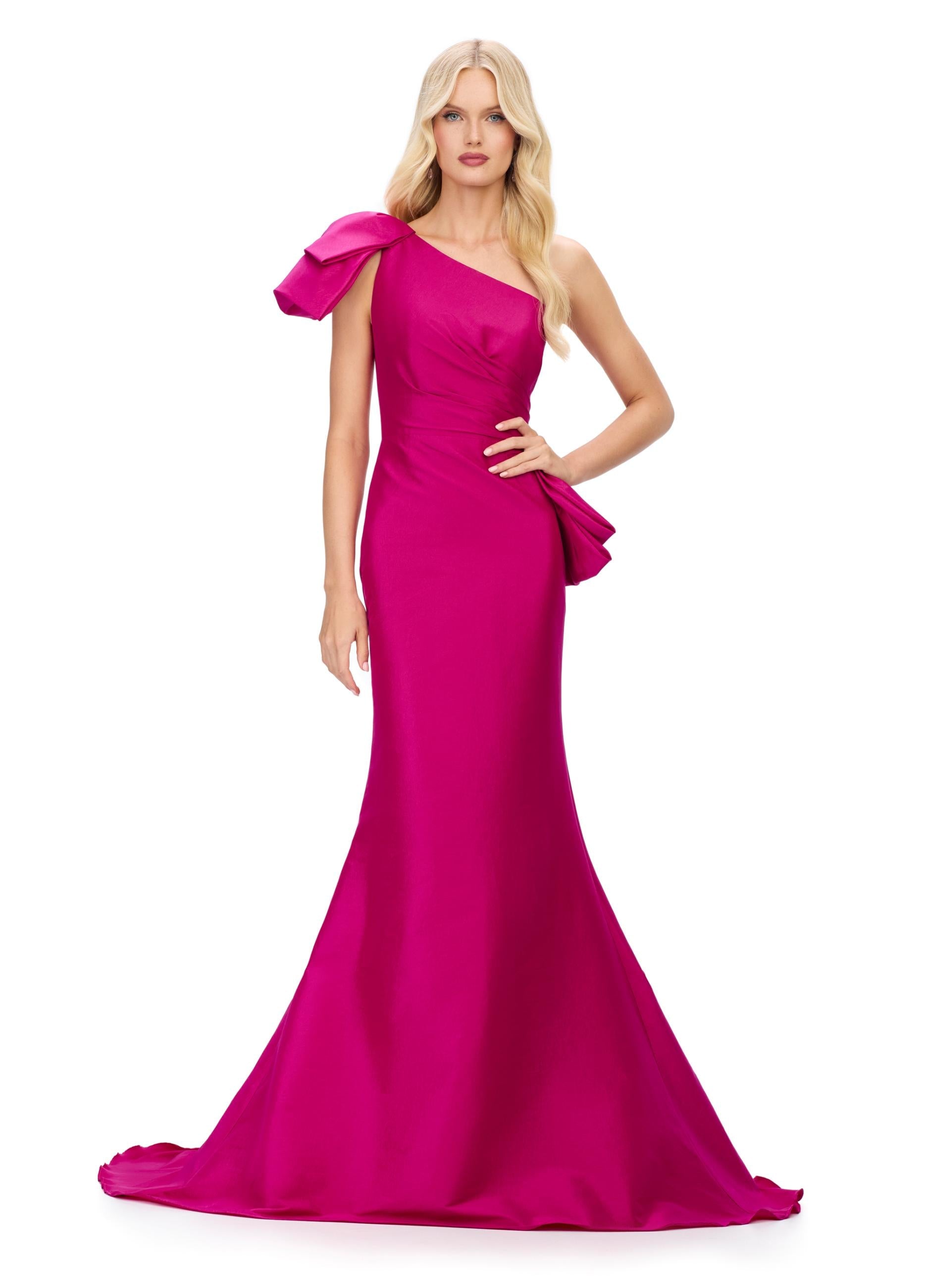 Fuchsia ASHLEYlauren 11722 Elegant One Shoulder Fitted Mermaid Gown in Taffeta with Statement Ruffles at Hip and Neckline and Ruched Bustier