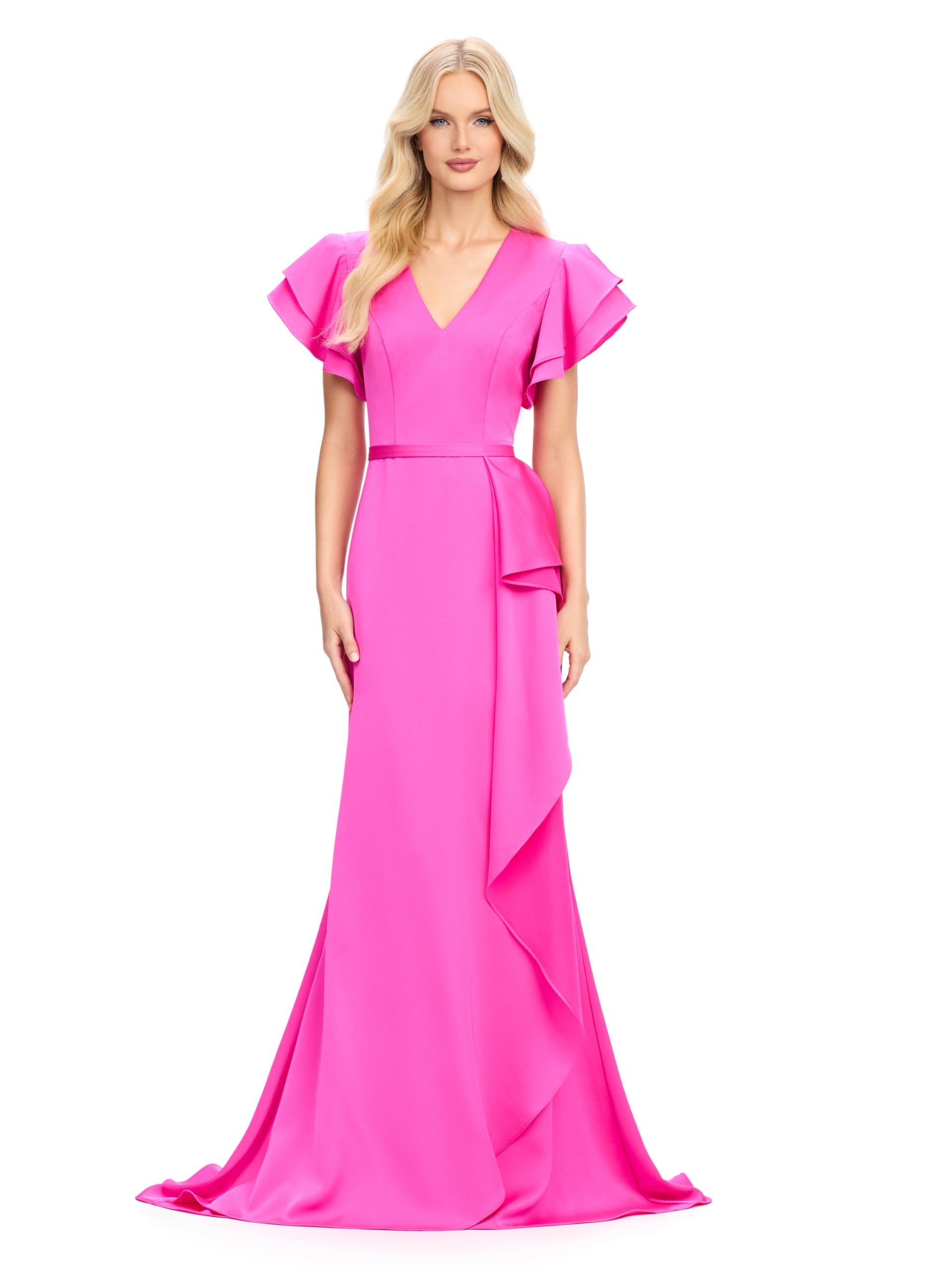 Fuchsia ASHLEYlauren 11737 Elegant Crepe Gown with V-Neckline, Statement Draped Ruffle Shoulder, Wrap Skirt, and Flowing Side Ruffle Detail