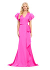 Fuchsia ASHLEYlauren 11737 Elegant Crepe Gown with V-Neckline, Statement Draped Ruffle Shoulder, Wrap Skirt, and Flowing Side Ruffle Detail