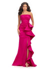 Fuchsia ASHLEYlauren 11751 Strapless Taffeta Gown with Elegant Ruched Bodice, Dramatic Cascading Ruffle Detail, and Left Leg Slit