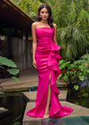 Fuchsia ASHLEYlauren 11751 Strapless Taffeta Gown with Elegant Ruched Bodice, Dramatic Cascading Ruffle Detail, and Left Leg Slit