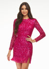 ASHLEYlauren 4438 – A sassy and classy fully hand-beaded long sleeve cocktail dress featuring a fitted skirt with fringe detail along the left leg slit and hemline. Perfect for making a bold, elegant statement at any event.