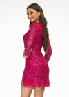 Back - ASHLEYlauren 4438 – A sassy and classy fully hand-beaded long sleeve cocktail dress featuring a fitted skirt with fringe detail along the left leg slit and hemline. Perfect for making a bold, elegant statement at any event.