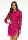 ASHLEYlauren 4438 – A sassy and classy fully hand-beaded long sleeve cocktail dress featuring a fitted skirt with fringe detail along the left leg slit and hemline. Perfect for making a bold, elegant statement at any event.