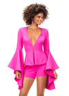 Fuchsia ASHLEYlauren 4572 two-piece romper featuring a deep V-neckline, dramatic bell sleeves, and a sleek fitted design for a bold and fashionable statement look.