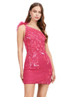 Fuchsia ASHLEYlauren 4612 fully sequin cocktail dress featuring a one shoulder neckline with feather details, an intricately beaded bustier, and a fitted skirt for a bold and glamorous look.