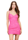 Fuchsia ASHLEYlauren 4625 fully beaded sequin cocktail dress featuring a sweetheart neckline, double spaghetti straps, fitted silhouette, and lace-up back for a glamorous and elegant look.