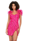 Fuchsia ASHLEYlauren 4626 fully beaded cocktail dress featuring a sweetheart neckline, feather-detailed straps, intricate beadwork, and a wrap skirt for a bold and show-stopping look.