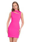 Pink ASHLEYlauren 4798 Scuba Cocktail Dress with High Neckline, Asymmetrical Illusion Cut-Out, and Fitted Skirt
