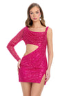 Fuchsia ASHLEYlauren 4808 Fully Beaded Cocktail Dress with One Sleeve, Cowl Neckline, Cut-Out Detail, and Left Leg Slit