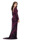 Back - Fuchsia Black ASHLEYlauren 11239 – A dramatic gown featuring intricate bead detailing, a lace-up bustier, long sleeves, and a left leg slit. Perfect for making a bold, glamorous statement at any special occasion.