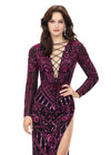 Fuchsia Black ASHLEYlauren 11239 – A dramatic gown featuring intricate bead detailing, a lace-up bustier, long sleeves, and a left leg slit. Perfect for making a bold, glamorous statement at any special occasion.