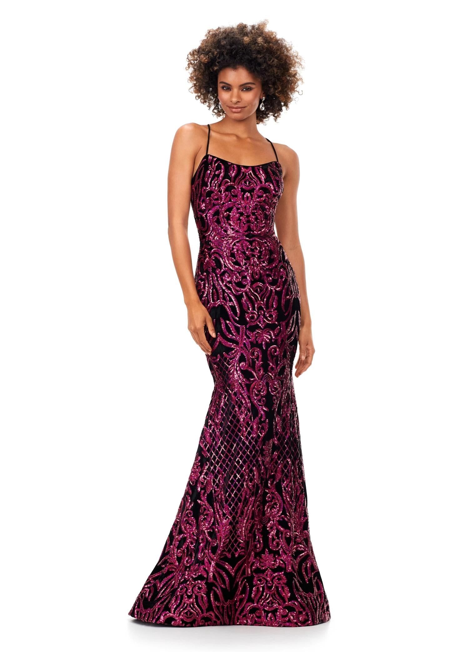 Fuchsia/Black ASHLEYlauren 11331 stunning velvet sequin gown featuring delicate spaghetti straps, a lace-up back for a perfect fit, intricately placed sequin appliques to complement your curves, and a sweep train for a glamorous and show-stopping entrance.