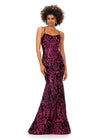 Fuchsia/Black ASHLEYlauren 11331 stunning velvet sequin gown featuring delicate spaghetti straps, a lace-up back for a perfect fit, intricately placed sequin appliques to complement your curves, and a sweep train for a glamorous and show-stopping entrance.