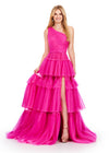 Fuchsia/Hot Pink ASHLEYlauren 11619 One Shoulder Ball Gown with Ruched Bustier, Two-Tone Tiered Pleated Tulle Skirt, and Left Leg Slit