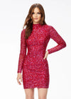 Fuchsia/Red ASHLEYlauren 4252 fully beaded cocktail dress featuring long sleeves, a modern high neckline, fitted silhouette, and a sexy open back for a striking evening look.