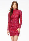 Fuchsia/Red ASHLEYlauren 4252 fully beaded cocktail dress featuring long sleeves, a modern high neckline, fitted silhouette, and a sexy open back for a striking evening look.