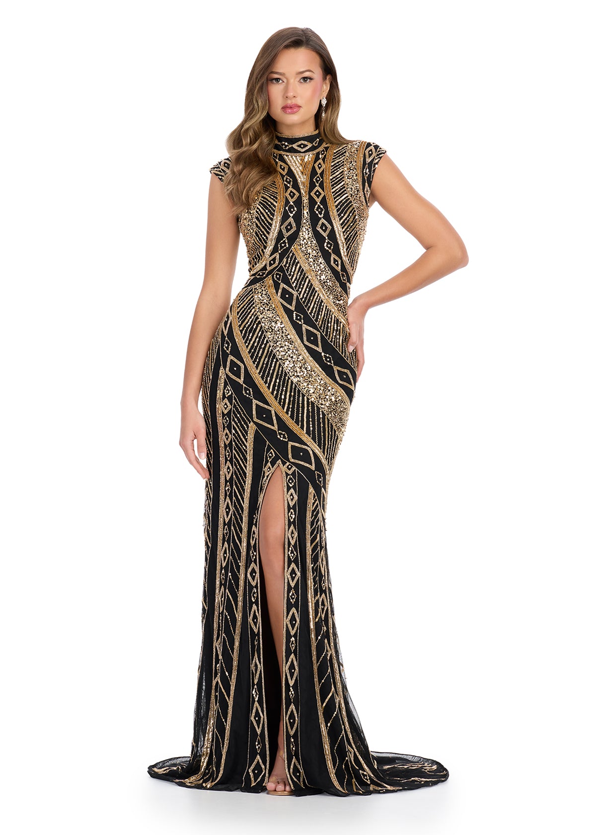 Gold/Black ASHLEYlauren 11807 Fully Beaded Gown with High Neckline, Cap Sleeves, and Center Slit
