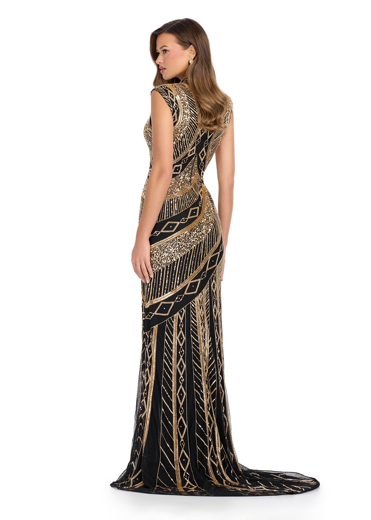 Back - Gold/Black ASHLEYlauren 11807 Fully Beaded Gown with High Neckline, Cap Sleeves, and Center Slit