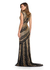 Back - Gold/Black ASHLEYlauren 11807 Fully Beaded Gown with High Neckline, Cap Sleeves, and Center Slit