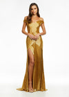 Gold ASHLEYlauren 11157 Off-Shoulder Gown with Sweetheart Neckline, Fully Liquid Beading, Right Leg Slit, and Puddle Train