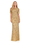 Gold ASHLEYlauren 11216 Elegant Fully Hand Beaded Gown with Crew Neckline, Flowing Butterfly Sleeves, Intricate Sequin Beading, and Keyhole Back Detail