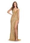 Gold ASHLEYlauren 11236 strapless gown featuring a sweetheart neckline, modern floral sequin motif cascading down the bustier and skirt, and a left leg slit for a glamorous and head-turning look.