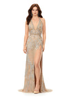 Gold ASHLEYlauren 11341 stunning hand-beaded gown featuring a deep V-neckline halter top, intricate bead pattern, fringe accents, an open back, and a left leg slit for a bold and glamorous look.