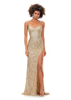 Gold ASHLEYlauren 11342 sequin gown featuring double spaghetti straps, a sweetheart neckline, lace-up back with beaded fringe tassels, and a left leg slit for a glamorous and elegant look.
