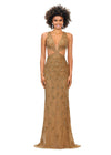 Gold ASHLEYlauren 11366 stunning hand-beaded gown featuring a deep V-neckline, intricate bead pattern, side cut outs, a lace-up open back, and a sweep train for a bold and glamorous statement look.