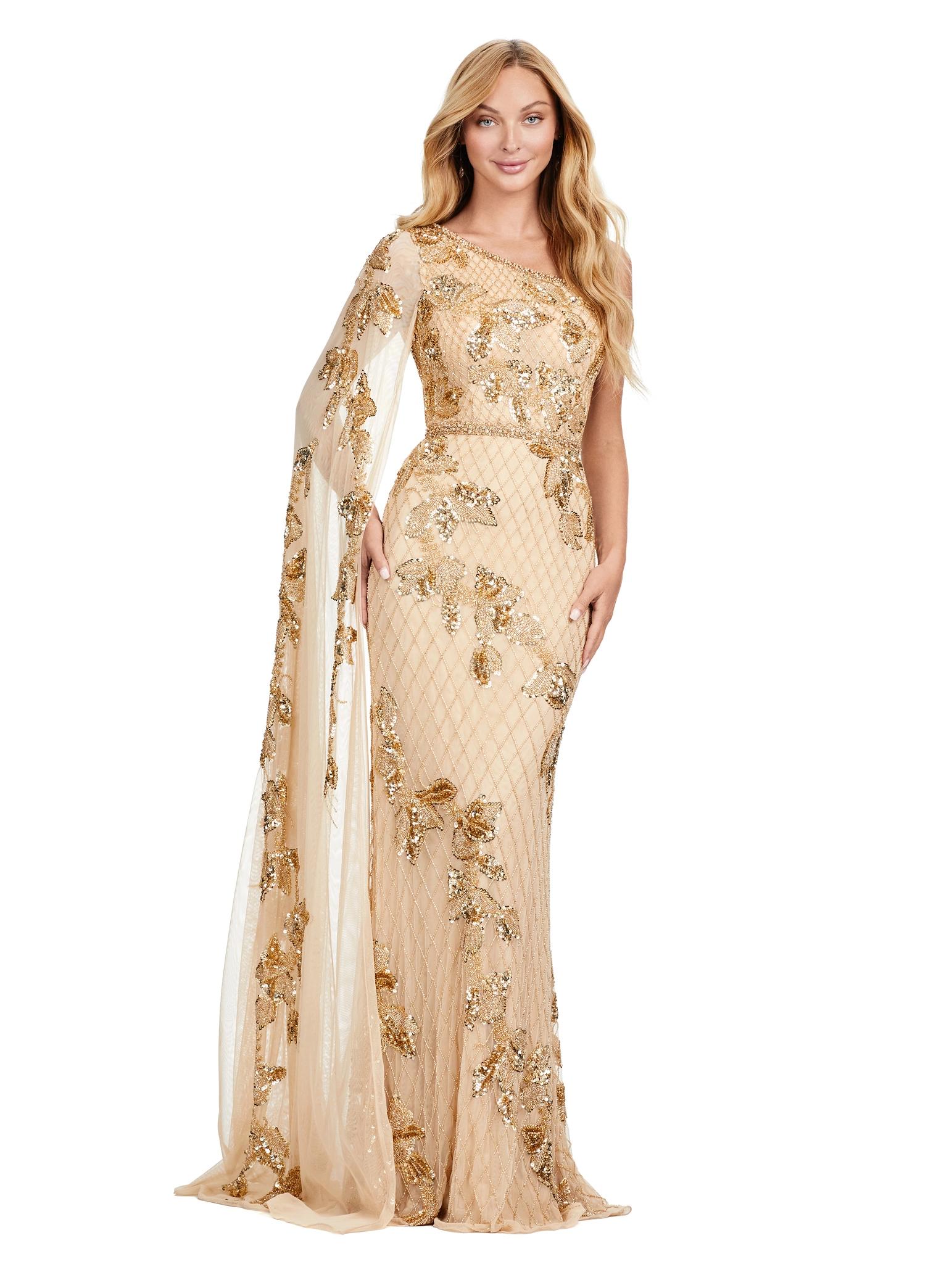 Gold ASHLEYlauren 11434 Elegant Fully Beaded Gown with One Shoulder Design and Statement Floor Length Sleeve for a Modern Twist on a Classic Look