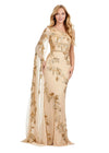 Gold ASHLEYlauren 11434 Elegant Fully Beaded Gown with One Shoulder Design and Statement Floor Length Sleeve for a Modern Twist on a Classic Look