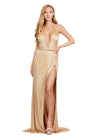 Gold ASHLEYlauren 11547 Plunging V-Neckline Fully Liquid Beaded Gown with Open Back and High Left Leg Slit