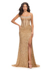 Gold ASHLEYlauren 11711 elegant gown featuring a fully hand-beaded bodice, spaghetti straps, corset bustier, illusion neckline, and a left leg slit for a glamorous and sophisticated look.