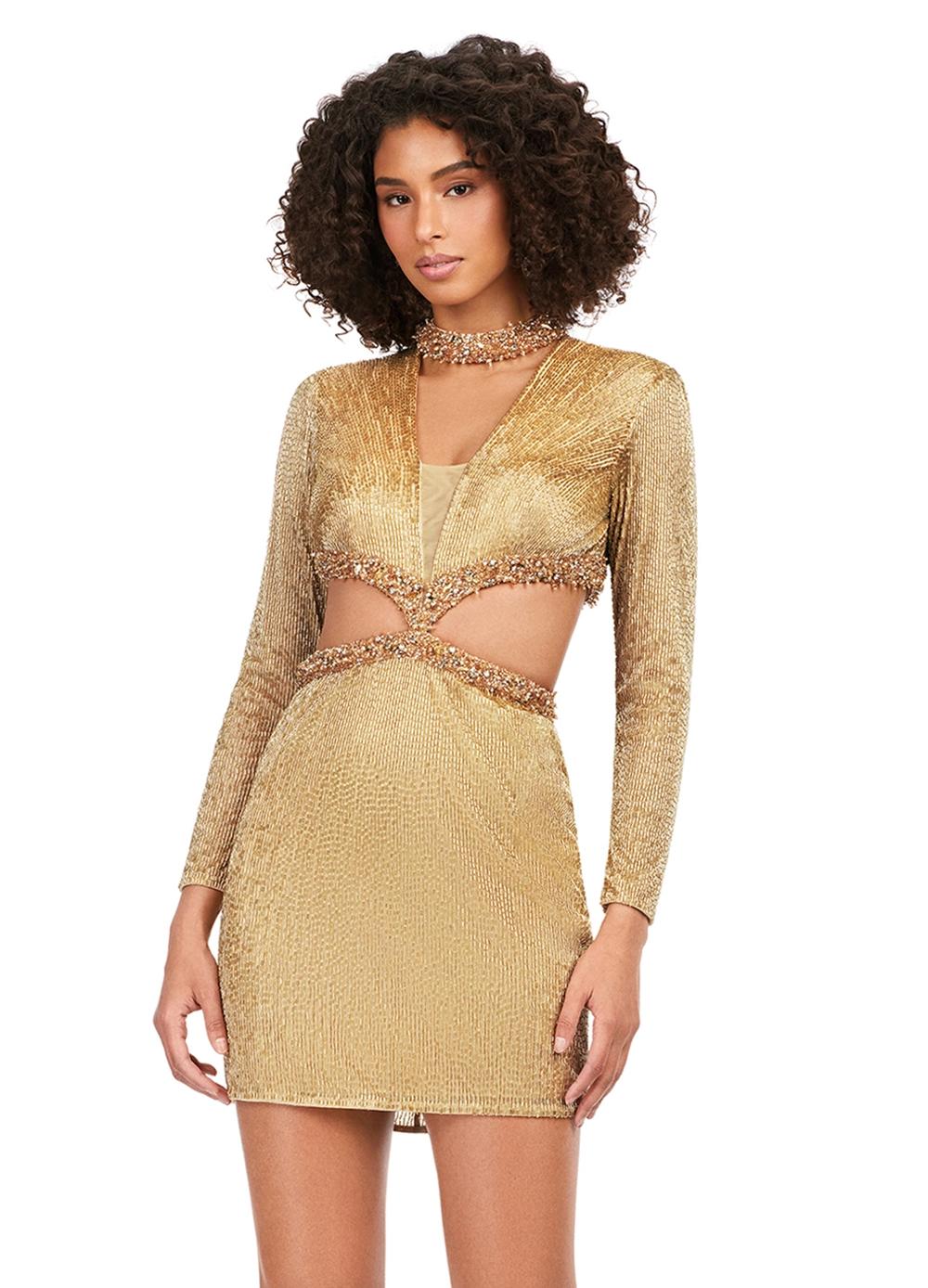 Gold ASHLEYlauren 4583 liquid beaded cocktail dress featuring a V-neckline, dramatic cut-outs, long sleeves, and a fitted silhouette for a bold and head-turning look.