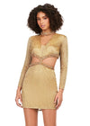 Gold ASHLEYlauren 4583 liquid beaded cocktail dress featuring a V-neckline, dramatic cut-outs, long sleeves, and a fitted silhouette for a bold and head-turning look.