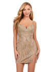 Gold ASHLEYlauren 4596 fully beaded cocktail dress featuring a sweetheart neckline, delicate spaghetti straps, and a left leg slit for a glamorous and elegant look.