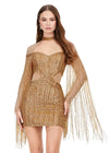 Gold ASHLEYlauren 4601 fully beaded cocktail dress featuring a sweetheart neckline, illusion cut outs at the waist, open back, fitted skirt, and long sleeves with fringe for a dramatic and show-stopping look.