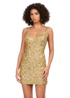 Gold ASHLEYlauren 4625 fully beaded sequin cocktail dress featuring a sweetheart neckline, double spaghetti straps, fitted silhouette, and lace-up back for a glamorous and elegant look.
